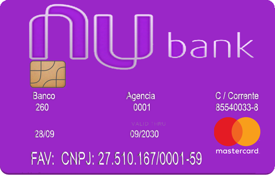NuBank agencia 0001 conta 85540033-8   fav.cnpj 27.510.167/0001-59